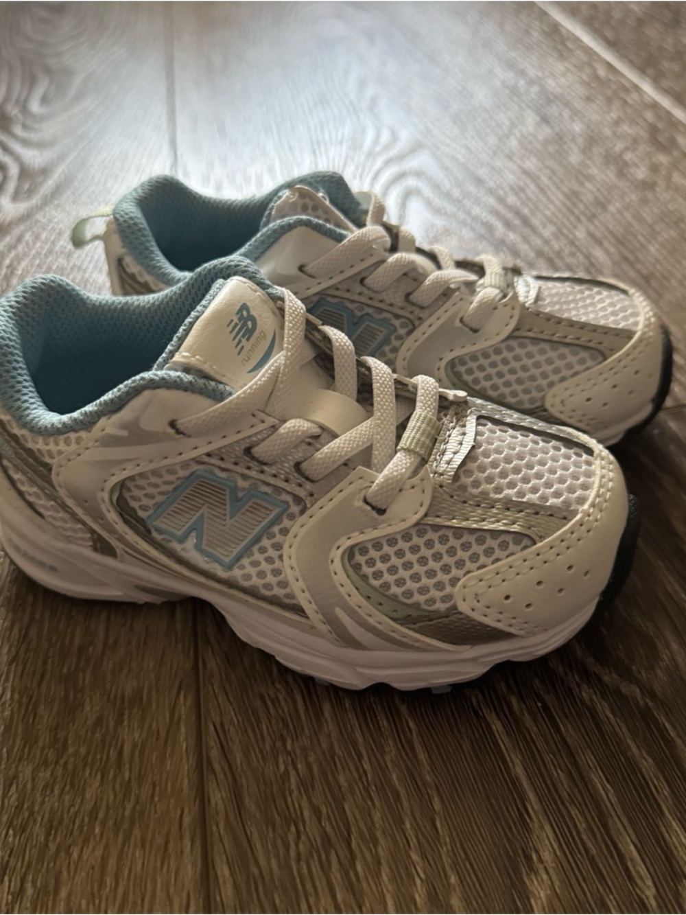 New Balance Kids White and Light Blue Sneakers